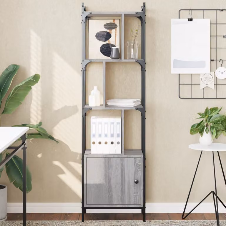Libreria moderna vidaXL in legno e metallo con design geometrico, colore grigio, L 44,5 cm x P 15 cm x H 154,5 cm