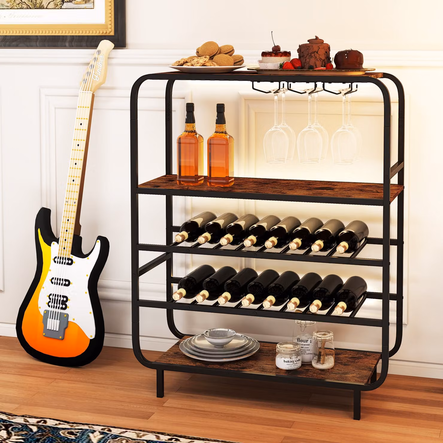 Portabottiglie per vino Costway con portacalici, scaffale da pavimento in metallo nero stile industriale con 5 ripiani per cucina e home bar