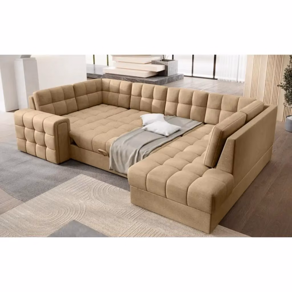 Divano angolare convertibile con letto e contenitore MEUBLORAMA marrone, modello moderno a forma di U con rivestimento in tessuto, L: 299 cm, P: 198 cm, H: 82 cm – 2
