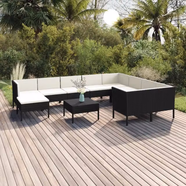 Set di Divani da Giardino vidaXL 11 Pezzi con Cuscini, Design Moderno a L, Colore Bianco e Nero – 1