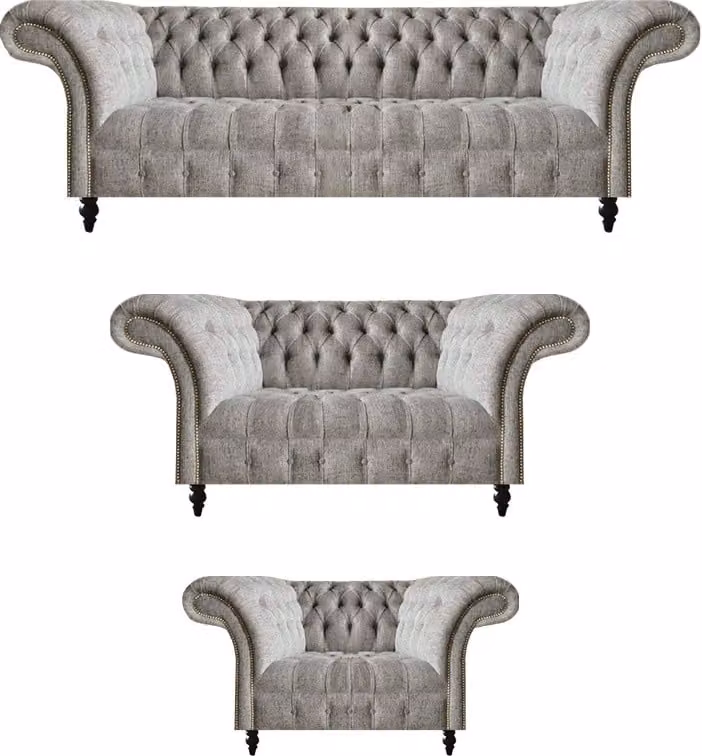 Komplett Sofa Set 3tlg Chesterfield Sitzmöbel Textil Stoff Sessel Wohnzimmer
