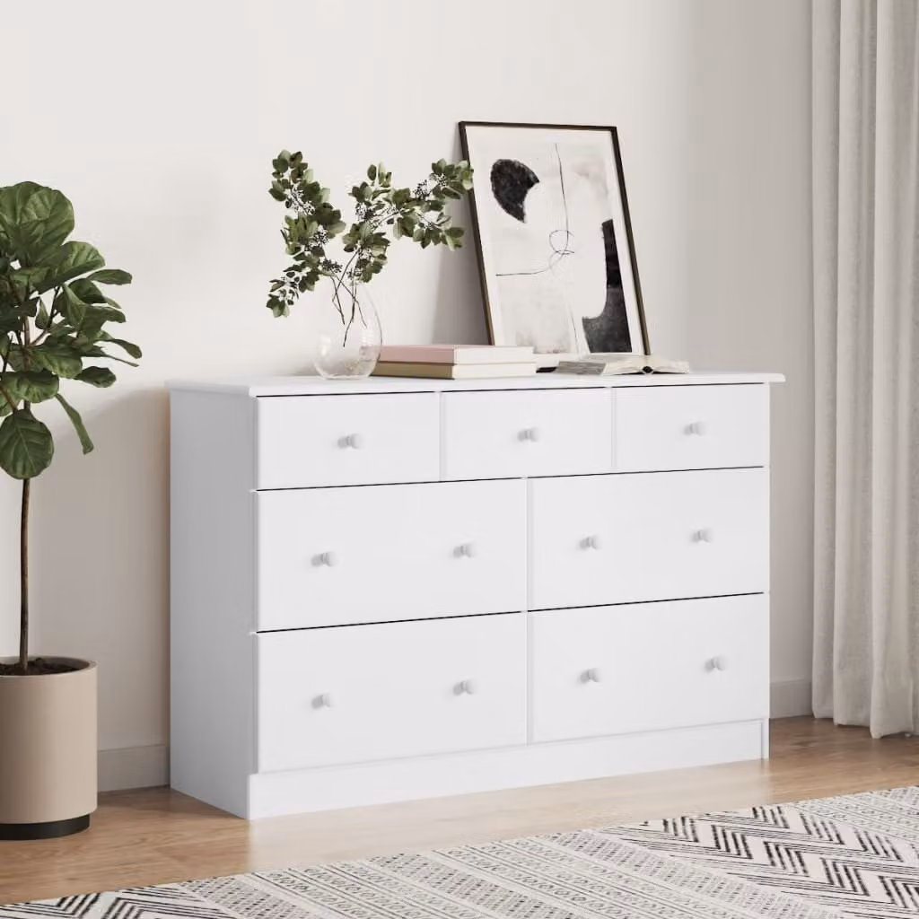 Cassettiera alta vidaXL in legno massello di pino bianca L: 112 cm, P: 35 cm, H: 73 cm