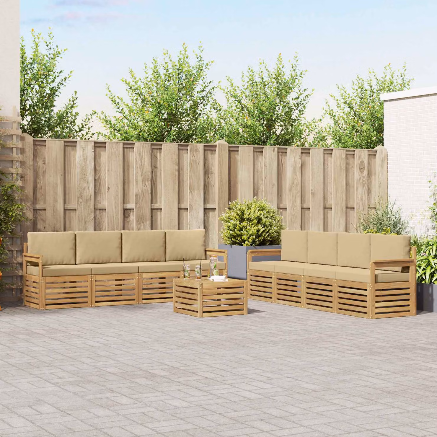Set di divani da esterno vidaXL a forma di L composto da 9 pezzi in legno di acacia con tavolino e cuscini, Bianco, Beige e Marrone