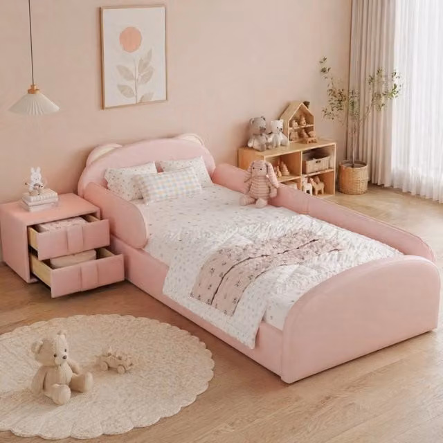 Letto imbottito a forma di orso REDOM per bambini in ecopelle rosa L/P/H: 90 x 200 cm