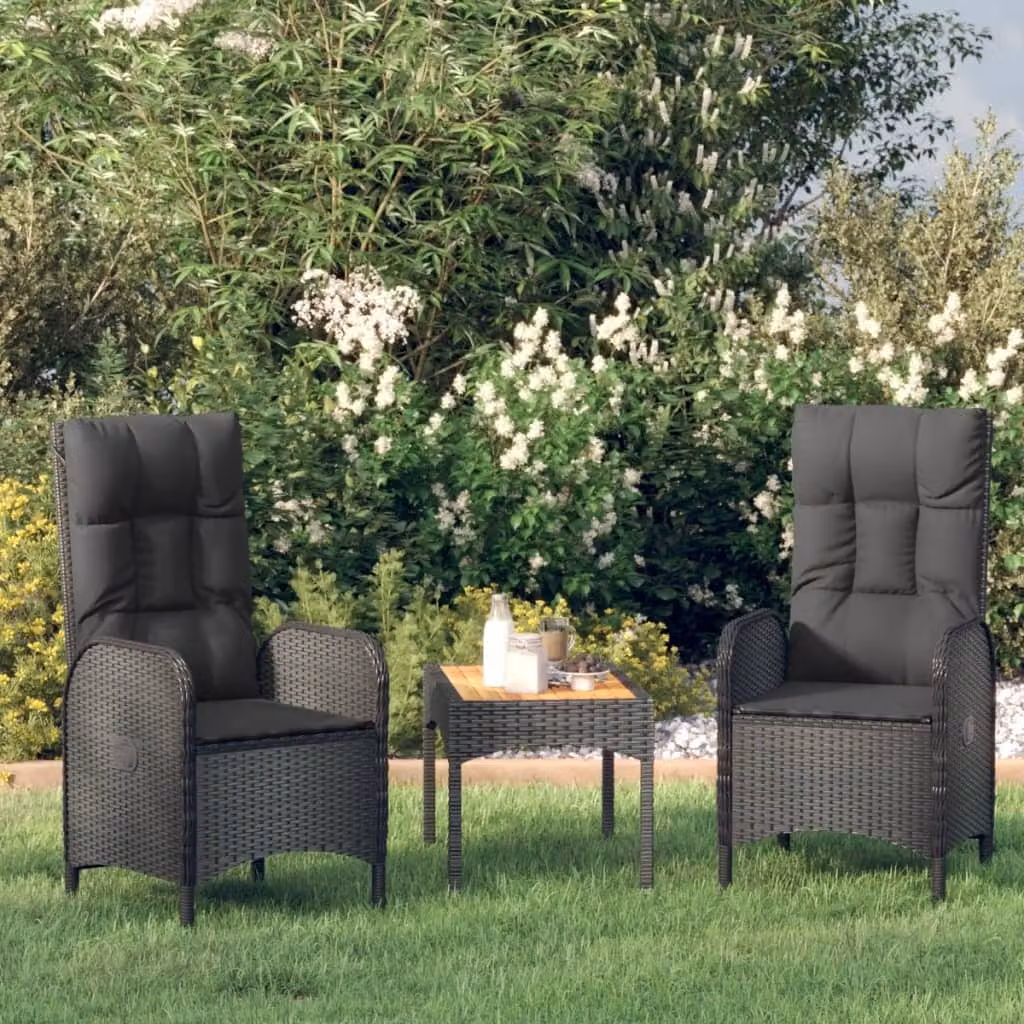The Living Store Set da giardino 3 pezzi con cuscini in poly rattan nero