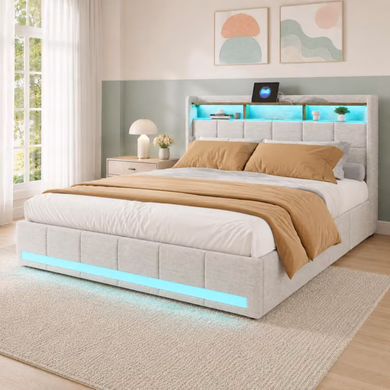 Letto imbottito INONEFT, 180x200 cm, tessuto in lino, color beige. Letto matrimoniale con 4 cassetti e illuminazione LED. Testiera con spazio contenitivo e porta USB Type-C. Letto funzionale per ragazzi, completo di rete