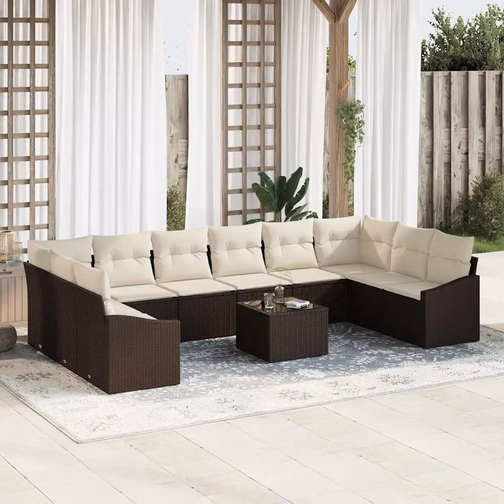 Set Divano da Giardino vidaXL in Polyrattan Marrone e Beige con Cuscini e Tavolino da Esterno – 1