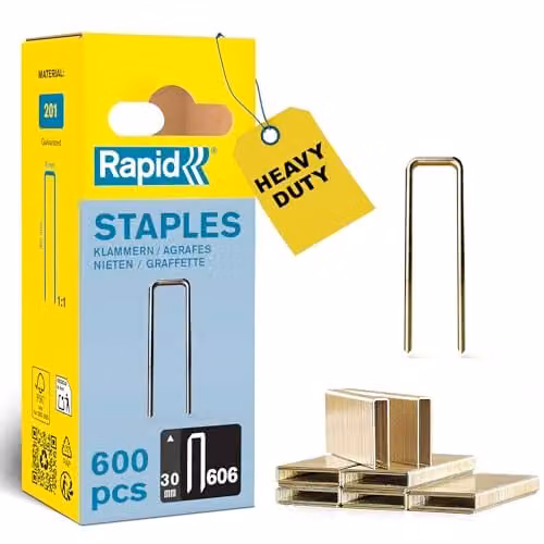 Rapid Confezione da 600 Graffe N.606/30 per Fissaggio di Materiali Rigidi, Listelli, Pannelli, Cornici, Cassetti, con Corona Stretta e con Rivestimento in Resina, Lunghezza Gamba 30 mm