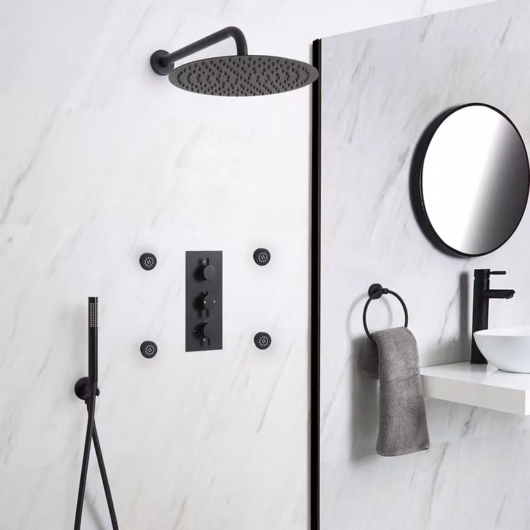 Doccia Termostatica Nero con Miscelatore, Soffione Ø300mm, Idrogetti e Doccetta - Nox
