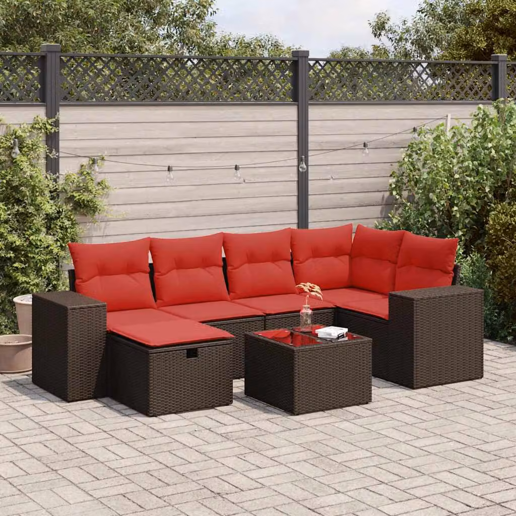 Set Divani da Giardino vidaXL 7 Pezzi a Forma di L con Cuscini Marrone e Rosso in Polyrattan e Acciaio