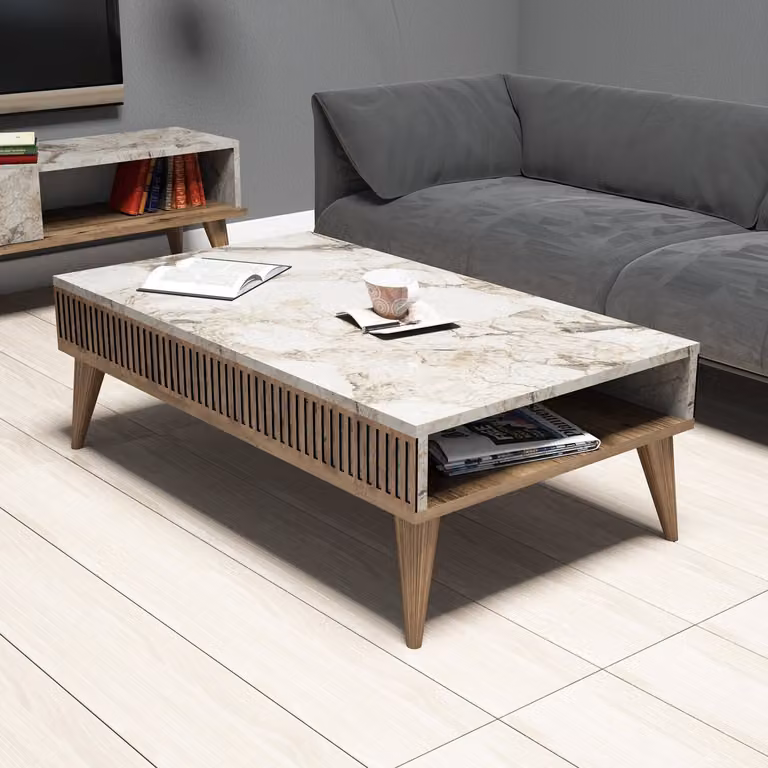 Skye Decor, Milano - Noce, Marmo bianco, tavolini, noce, 105 x 34,6 x 60 cm