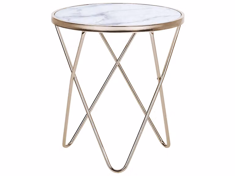 Tavolino BELIANI in oro bianco, vetro di sicurezza, gambe in metallo 50 x 55 cm, tavolino, marmo lucido, aspetto moderno