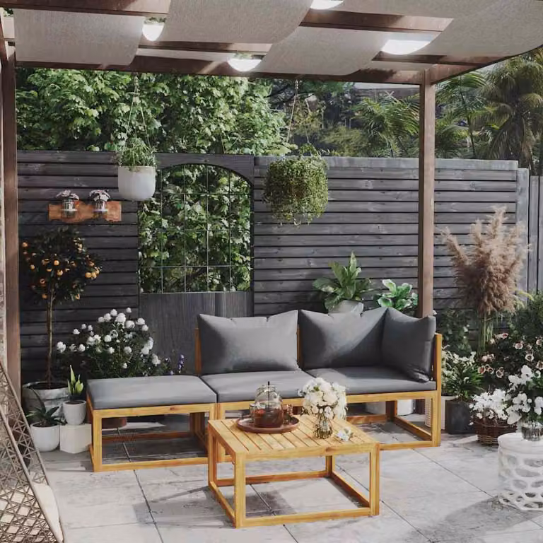Set di Divani da Giardino vidaXL 4 Pezzi in Legno di Acacia con Cuscini Grigi e Tavolino Moderno
