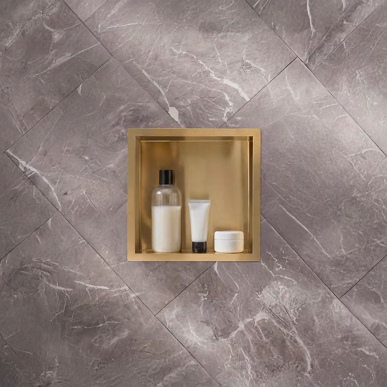 Nicchia Doccia a Muro per Bagno - 340mm - Quadrata con Mensola Portaoggetti - Oro Satinato