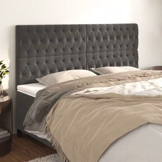 Testiera decorativa Design Mania in velluto grigio con struttura in legno e MDF, L: 200 cm, P: 7 cm, H: 118-128 cm – 1