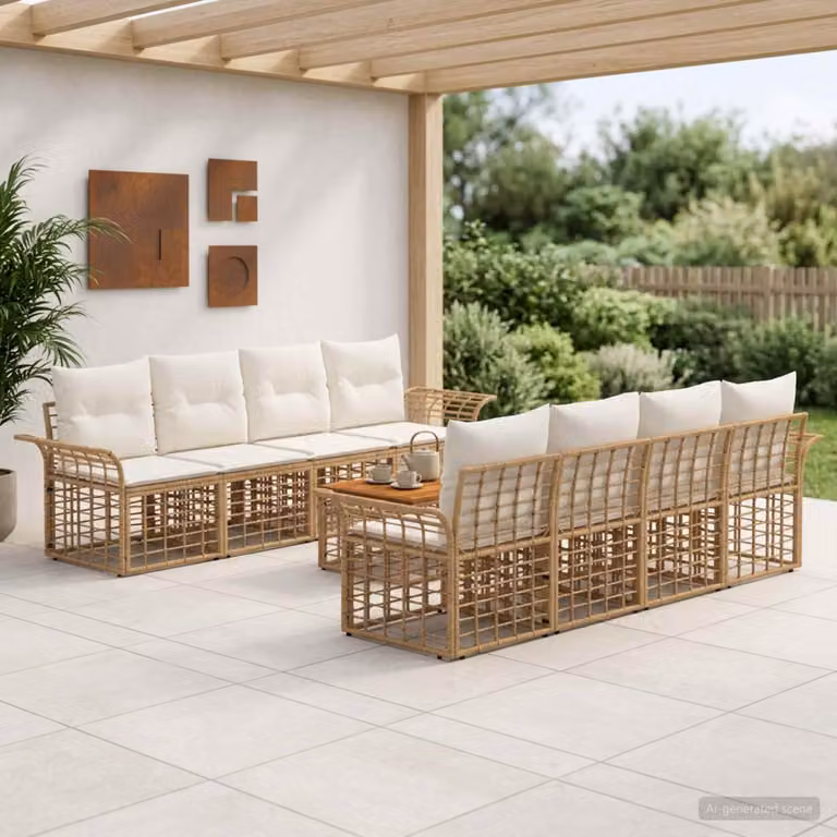 Set di divani da esterno vidaXL in polyrattan a forma di U con tavolo da caffè, 9 pezzi, Naturale e Bianco Crema