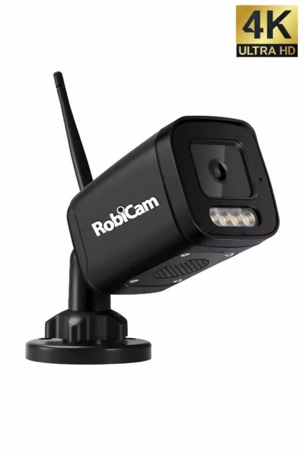 Telecamera da esterno fissa, 8MP, 4K, RobiCam, nera con corpo in metallo, Wi-Fi, funzioni smart.