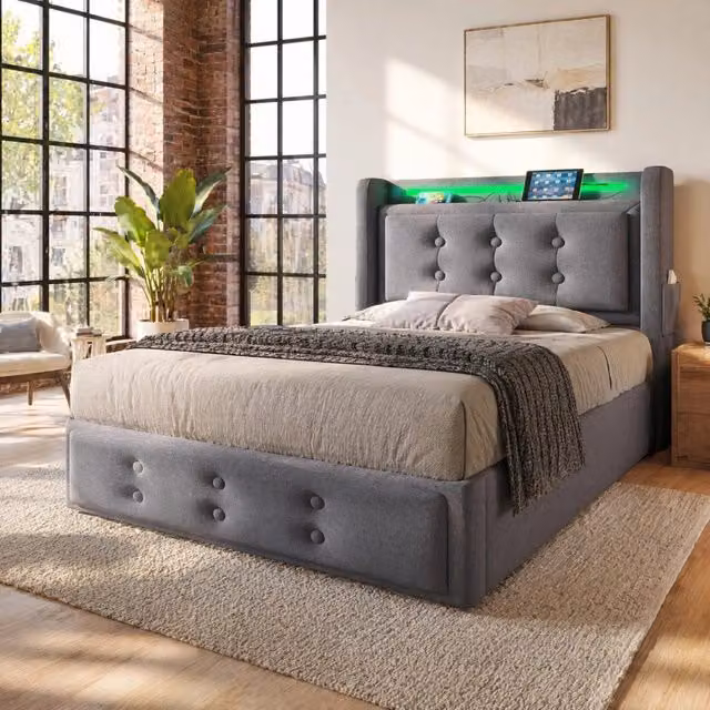Letto singolo 90x200 cm grigio rivestito in cotone e lino, LED e ricarica USB C, senza materasso