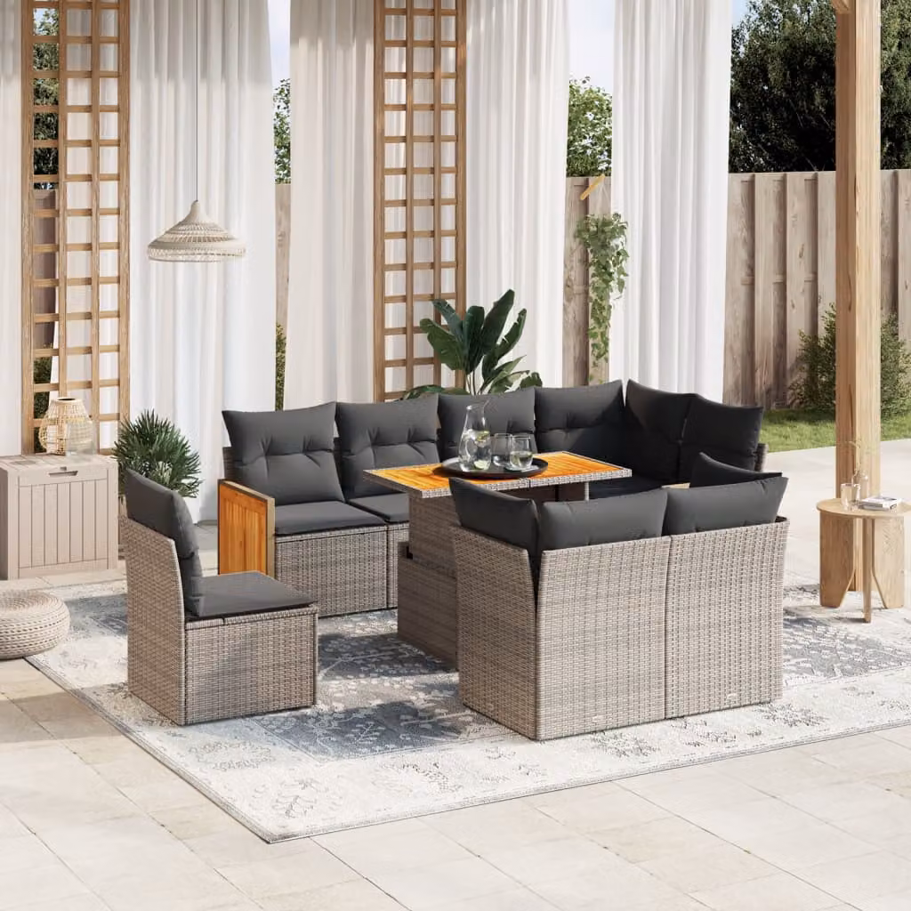 Set Divano da Giardino vidaXL 9 pz a Forma a U in Polyrattan Grigio con Cuscini e Tavolino da Caffè – 1