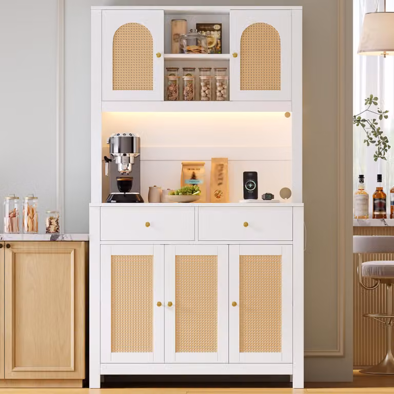 Armadio alto da cucina Merax con illuminazione a LED e prese di corrente, dispensa con 5 ante in rattan, scaffale da cucina con 2 cassetti, ripiani aperti, colore bianco