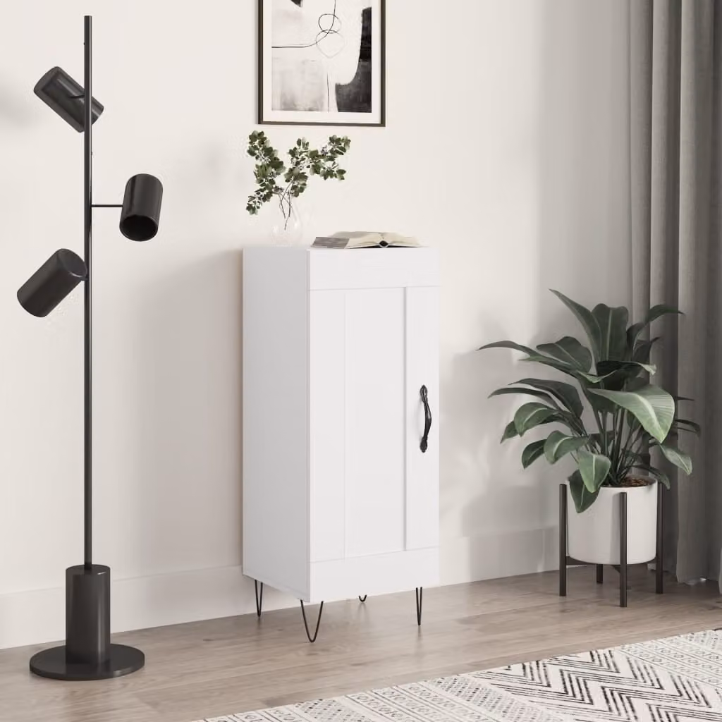 Credenza moderna vidaXL in legno multistrato e metallo, Bianco lucido, L 34,5 cm x P 34 cm x H 90 cm