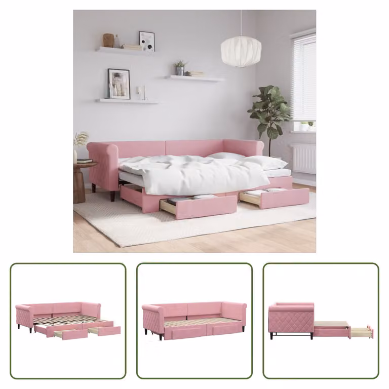 The Living Store Daybed allungabile con cassetti Rosa 80x200 cm in velluto