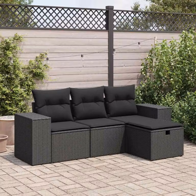 Set di divani da giardino vidaXL in polyrattan nero con cuscini, componibile a L per esterno