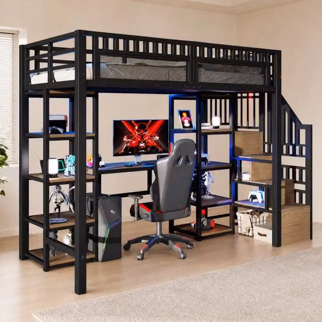 Letto a soppalco 90x200 cm con scrivania, scala contenitore e LED nero HAVRYA