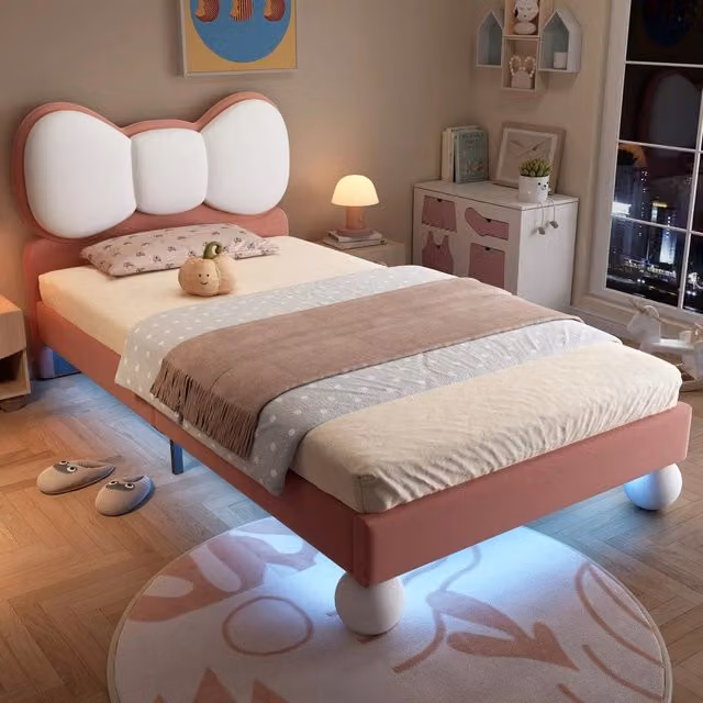 Letto singolo imbottito Minimal con testiera e illuminazione LED in velluto Beige e Rosa L/P: 90 x 200 cm