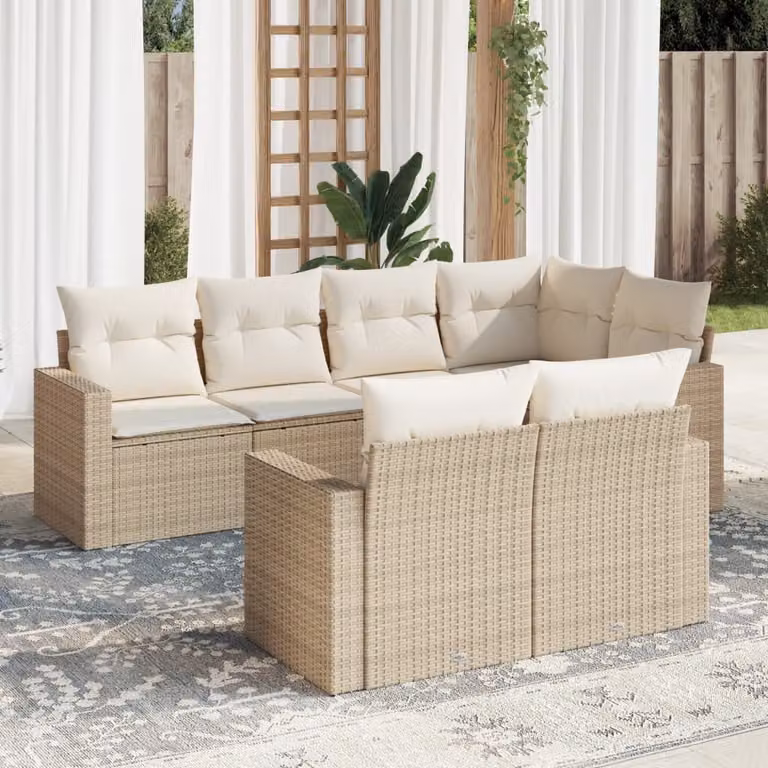 vidaXL Set Divani da Giardino 7 pz a Forma a L con Cuscini Beige e Struttura in Metallo e Polyrattan