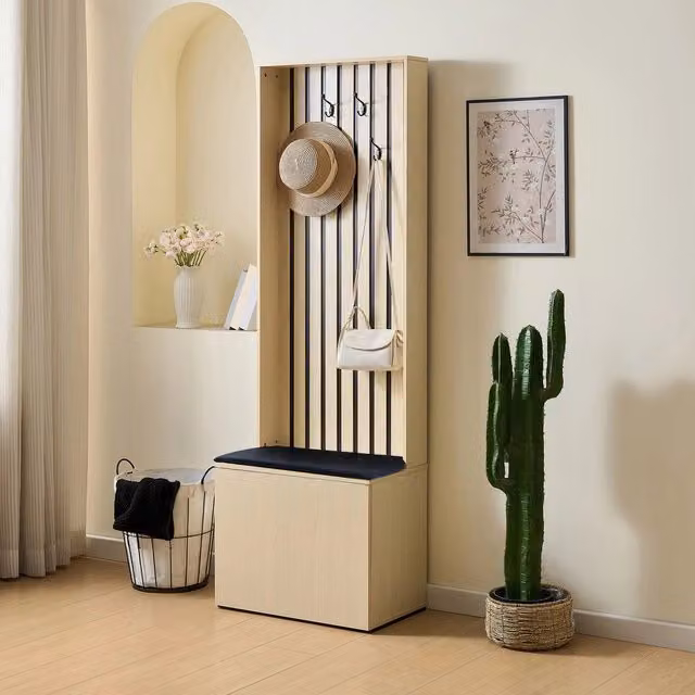 Consolle ingresso Minimal con panca, scarpiera e appendiabiti con 4 ganci, Rovere bianco
