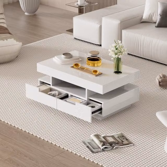 Tavolino da salotto con LED, 4 cassetti nascosti e 3 vani aperti, finitura lucida, bianco, 80 × 50 × 36 cm