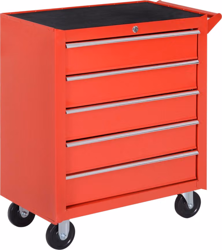 Carrello da officina Fortuna Lai con rotelle, carrello portautensili con 5 cassetti, carrello con tappetino in EVA, carrello di montaggio mobile, carico massimo 150 kg, acciaio, rosso