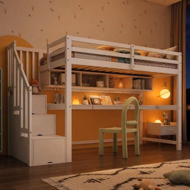 Letto a soppalco 90x200 cm con scala contenitore, scrivania e libreria in legno massello e MDF bianco
