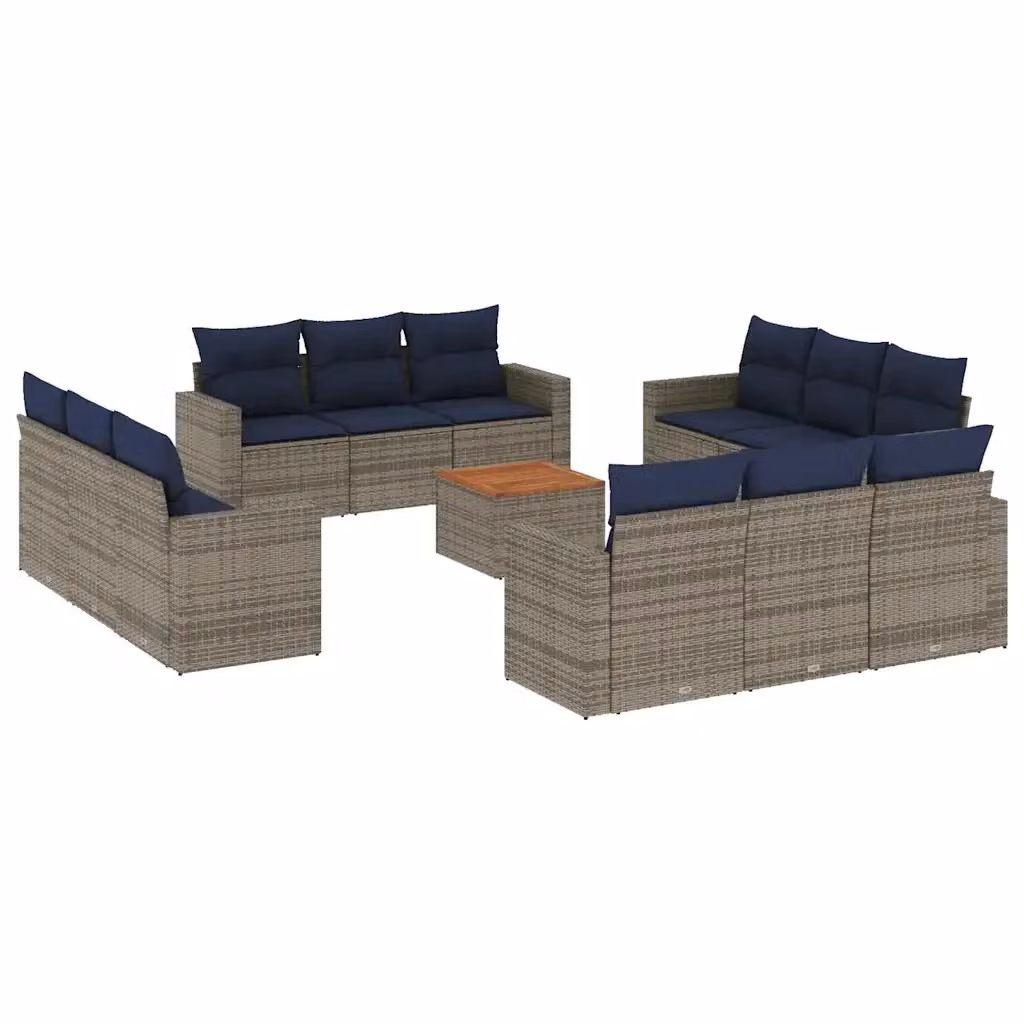 Set di divani da giardino vidaXL a forma di U composto da 13 pezzi in polyrattan con cuscini grigi e blu per esterno – 2