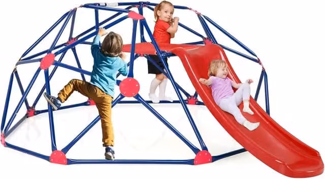 Costway Cupola di arrampicata con scivolo per bambini, struttura da gioco in metallo e tessuto resistente ai raggi UV, colore rosso
