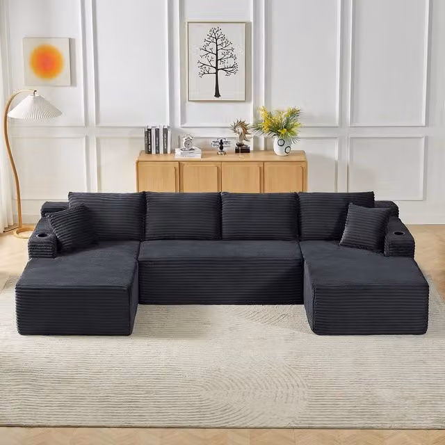 Divano Modulare a U ¨C Minimal ¨C Tessuto Cord, Cuscini Memory Foam, Senza Montaggio