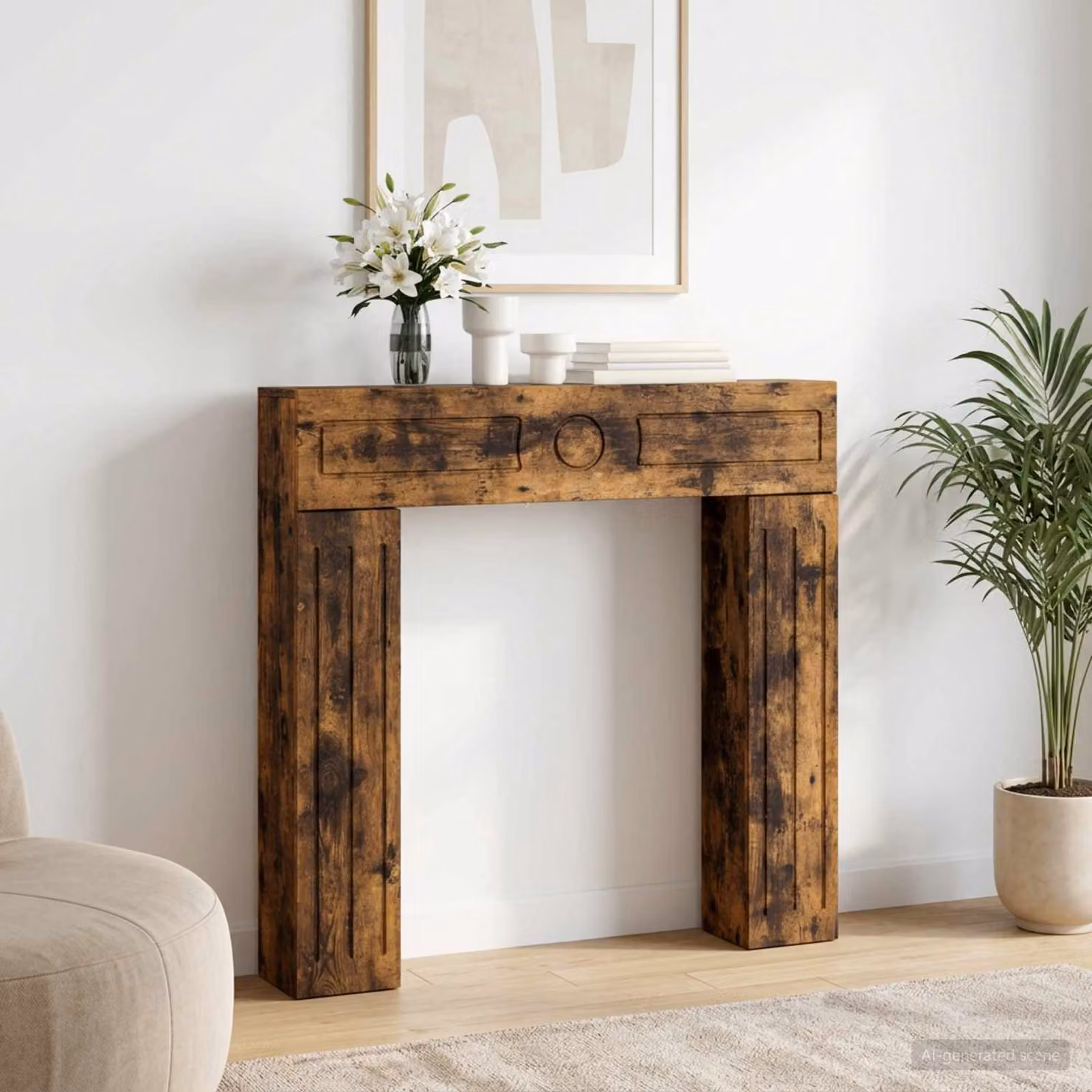 Cornice per camino moderna vidaXL in legno color rovere fumo L: 102 cm, H: 100,5 cm, P: 18 cm