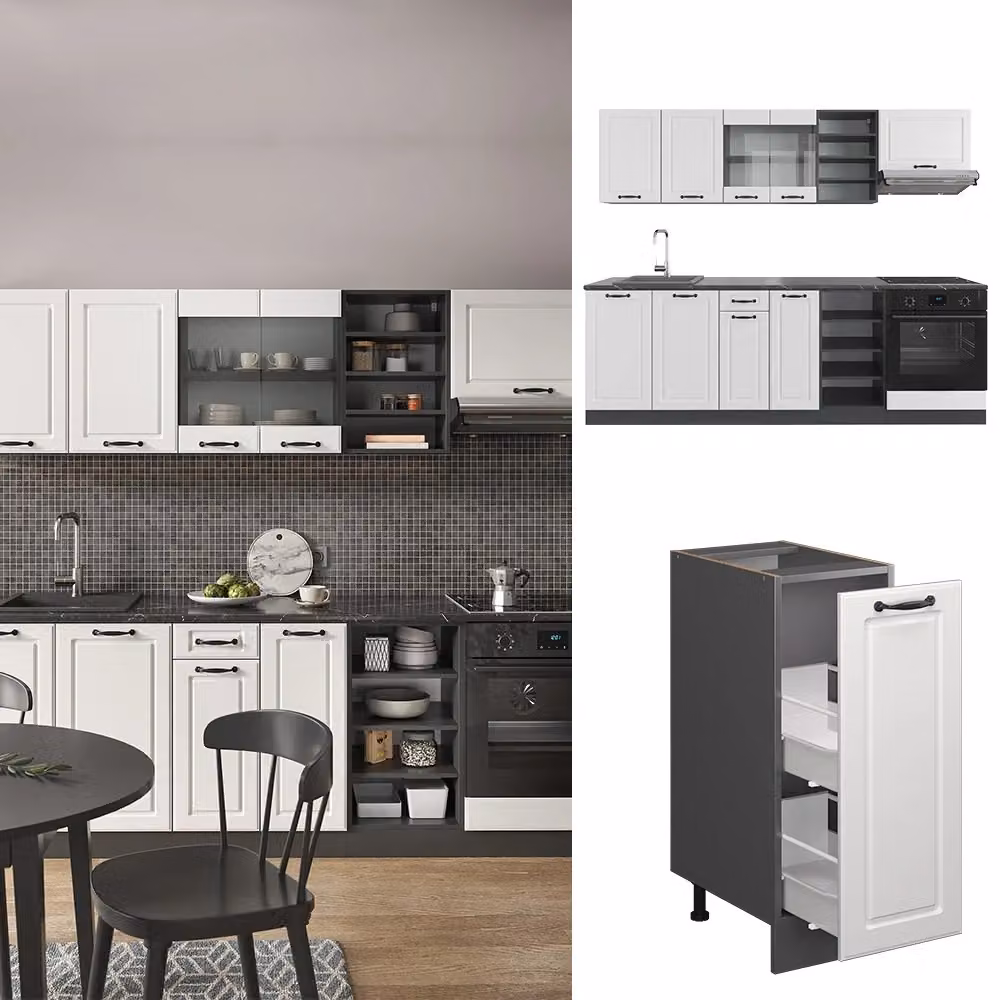 Cucina componibile Vicco R-Line in stile country house, Bianco rustico e Antracite, L: 240 cm, senza piano di lavoro – 2
