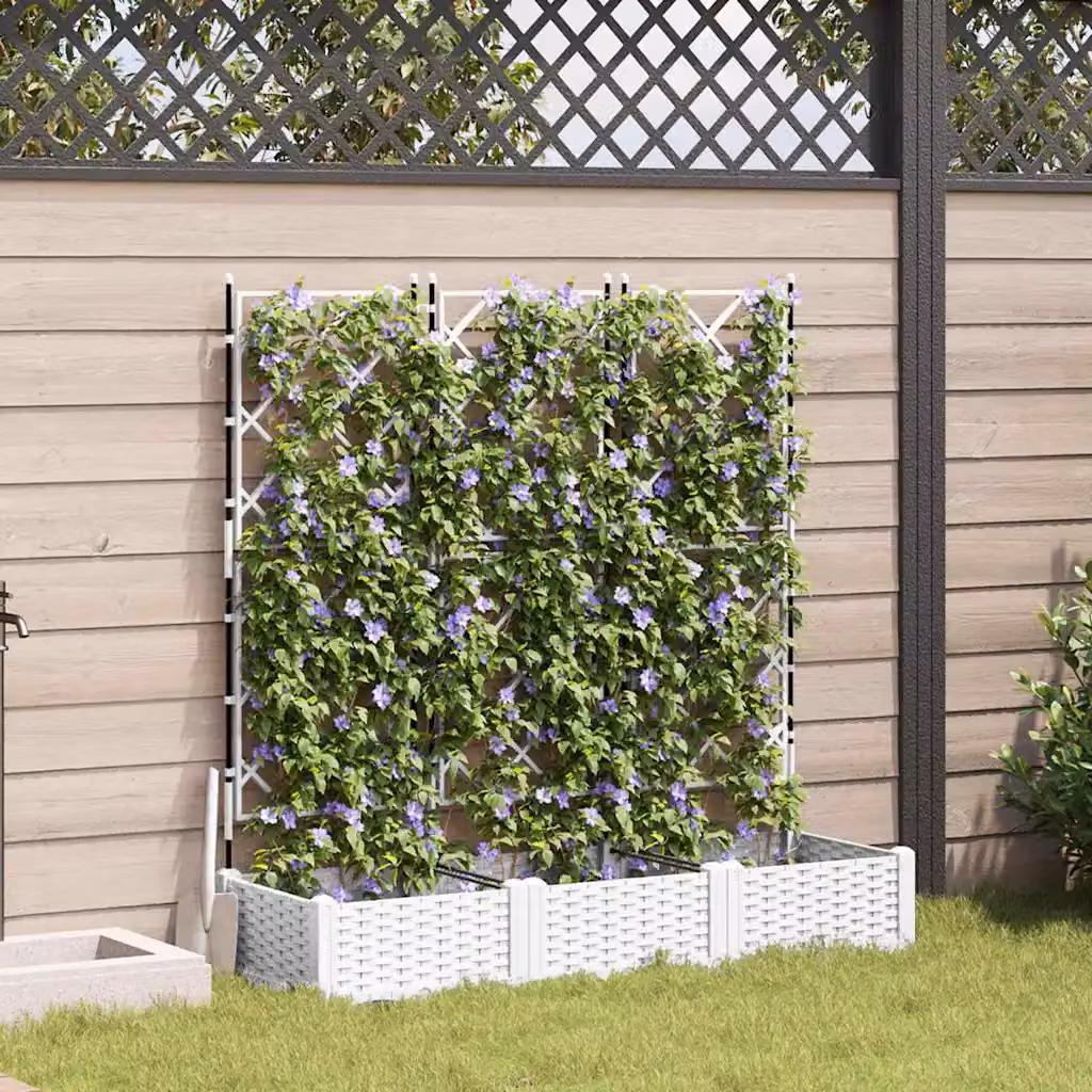 Set di 3 vasi da giardino con trellis vidaXL, colore bianco, in plastica, L 120 cm x P 40 cm x H 125,5 cm