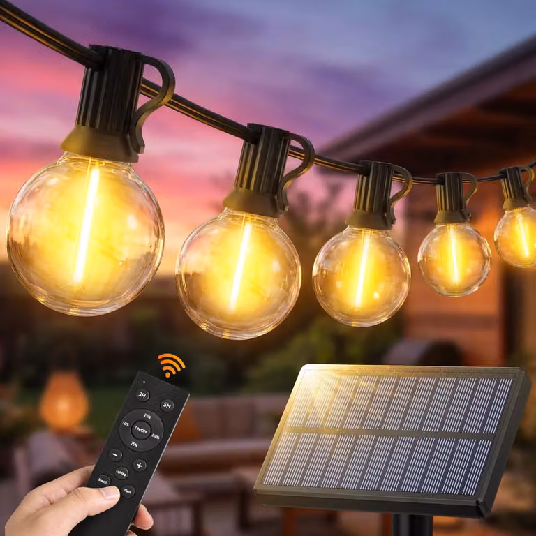 Catena luminosa solare da 15 metri, con lampadine LED G40, 3 modalità di illuminazione, telecomando, grado di protezione IP44