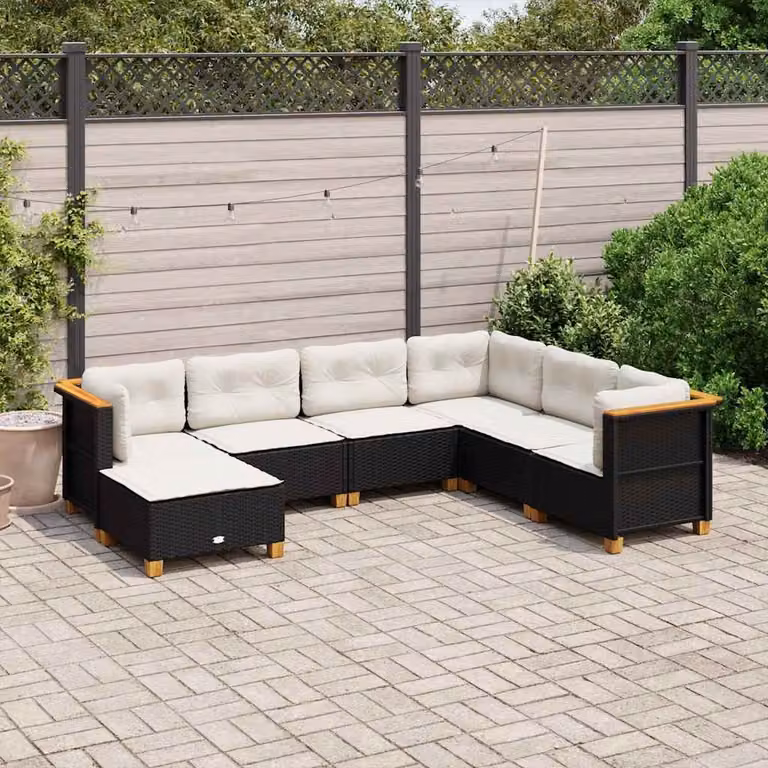 vidaXL Set Divani da Giardino a L con Cuscini 7pz in Polyrattan Nero e Bianco