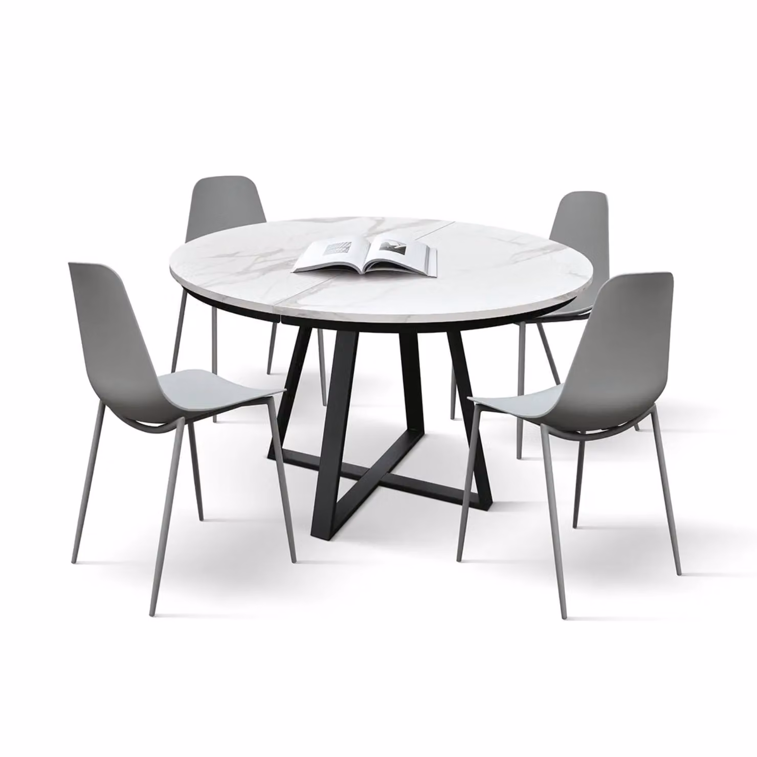 Tavolo rotondo PANTELLERIA in legno, finitura bianco statuario con base a X in metallo antracite, allungabile Ø120xH75,3 cm – 170x120x75,3 cm