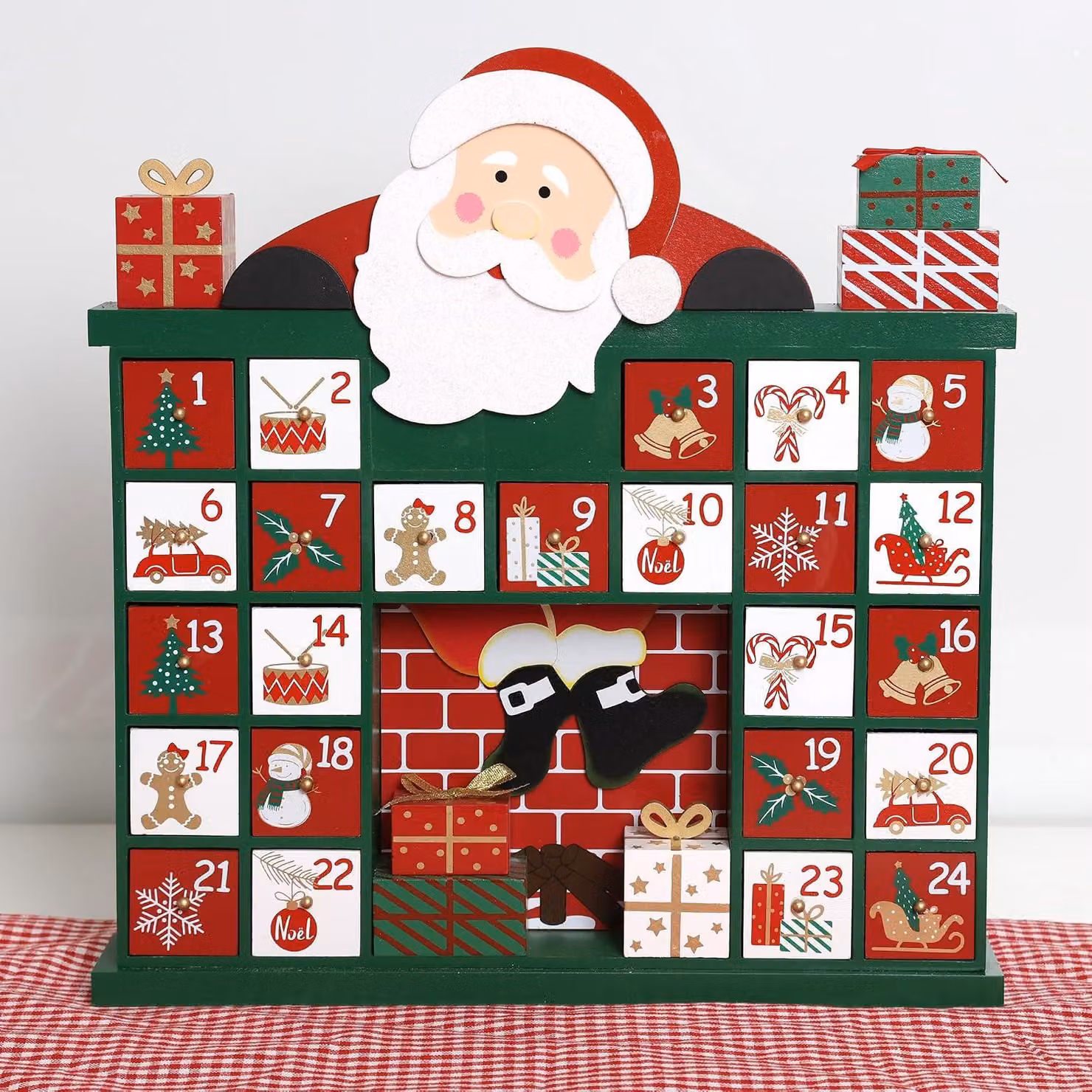 Calendario dell'Avvento natalizio in legno con cassetti - 24 giorni per contare i giorni che mancano a Natale - Decorazione natalizia con tema del Babbo Natale e del camino