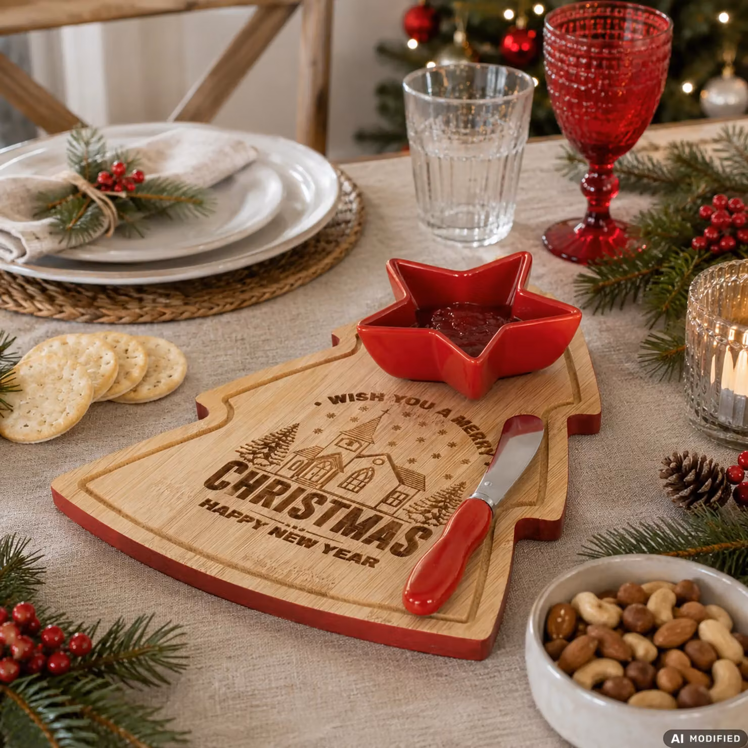 Vassoio Degustazioni Natalizio Gusto Casa a Forma di Albero in Bamboo con Coppetta in Ceramica Rossa e Spatola in Acciaio Inox L/P: 26 x 22 cm – 2