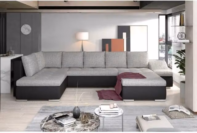Divano panoramico GYOVANI MEUBLORAMA grigio, nero e argento con angolo destro, trasformabile con contenitore e funzione letto – 1