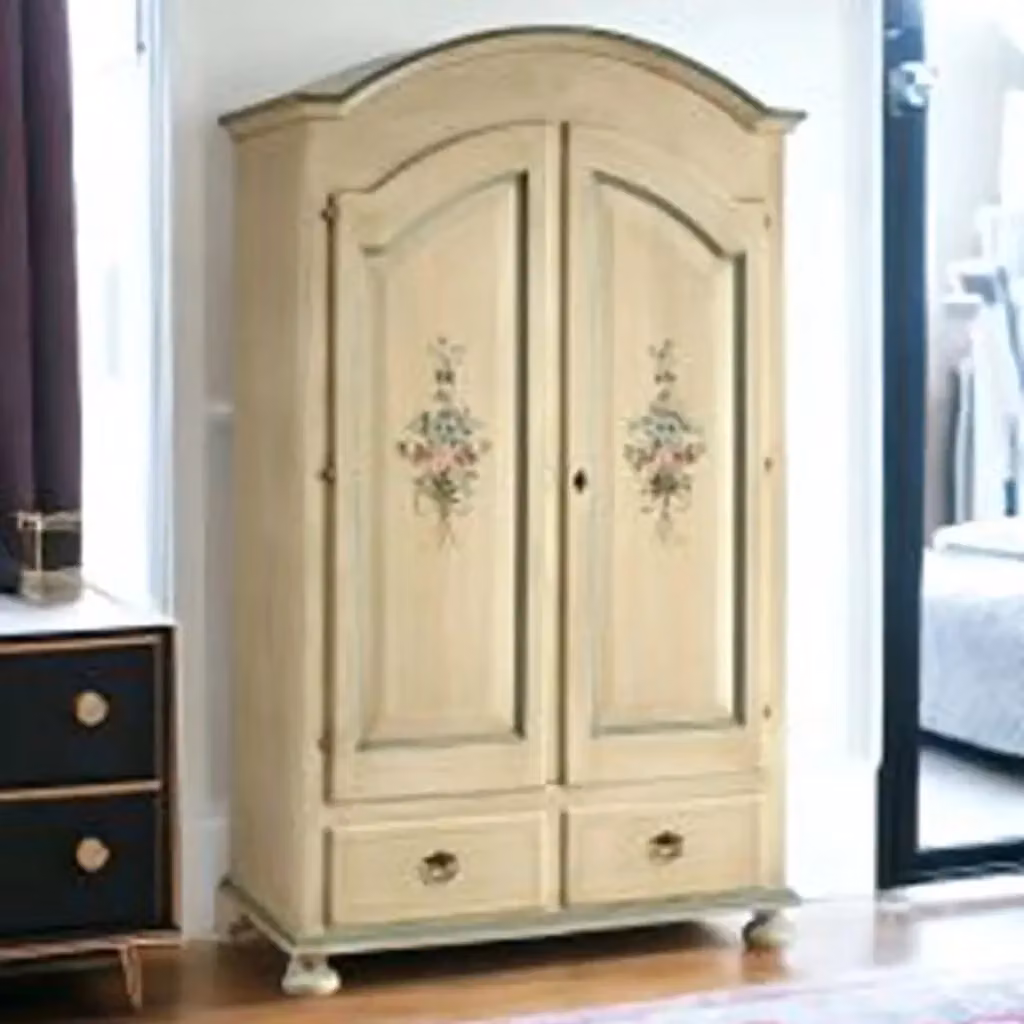 Armadio KIVIO in legno decorato con motivi floreali, colore avorio anticato e dettagli verde, L: 125 cm, P: 60 cm, H: 200 cm – 2