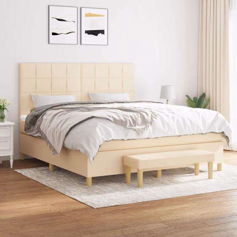 vidaXL Letto Ibrido con Giroletto a Molle e Materasso in Tessuto Beige e Bianco L/P: 160 x 200 cm