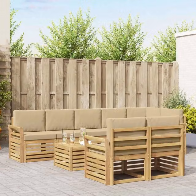 Set di divani da esterno a L vidaXL in legno di acacia con tavolo da caffè e cuscini, Bianco, Beige e Marrone
