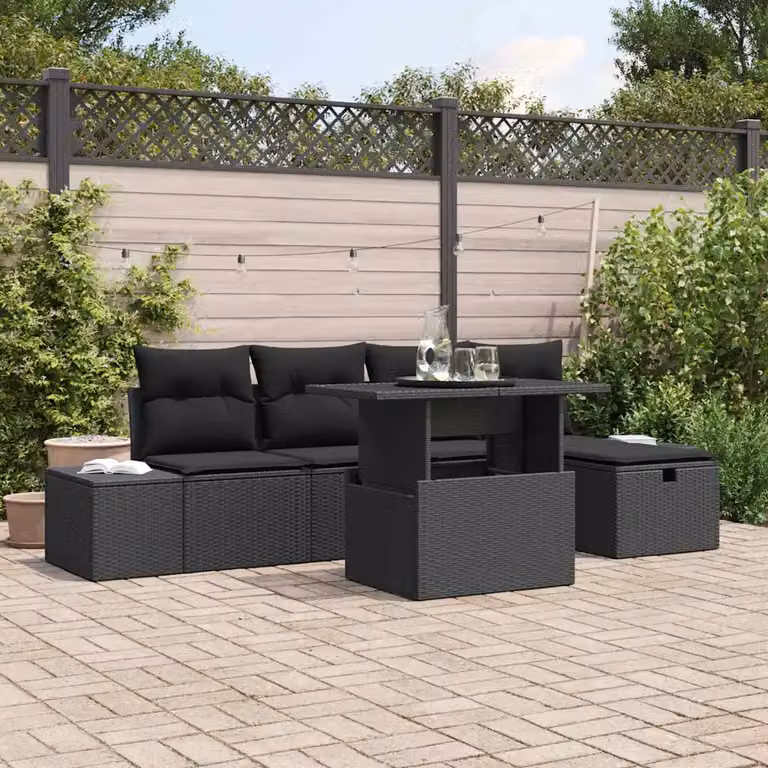 Set Divano da Giardino a L vidaXL 6 Pezzi in Poly Rattan con Cuscini e Tavolino Nero e Grigio